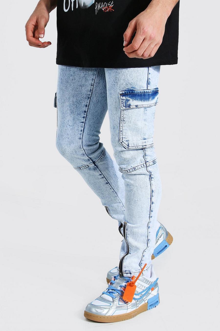 Ice blue Skinny jeans med stretch, dragkedjor och cargofickor image number 1