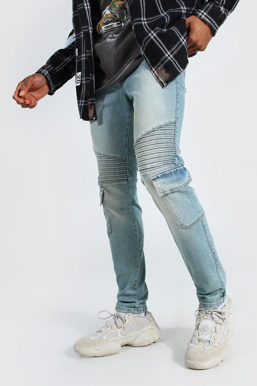 Antique blue Skinny jeans i bikerstil med stretch och cargofickor image number 1