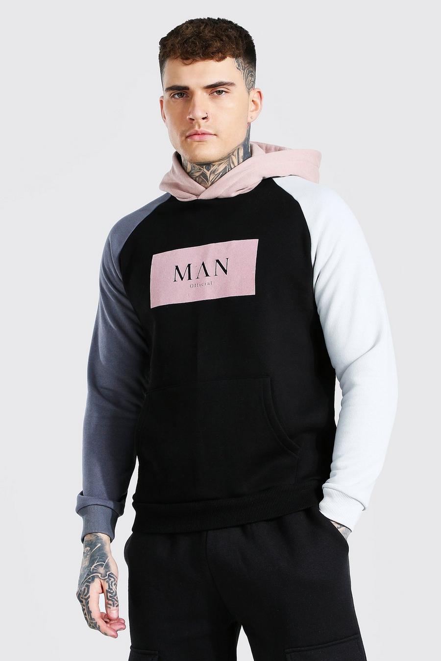 MAN Roman Colorblock-Hoodie mit geflocktem Print, Schwarz image number 1