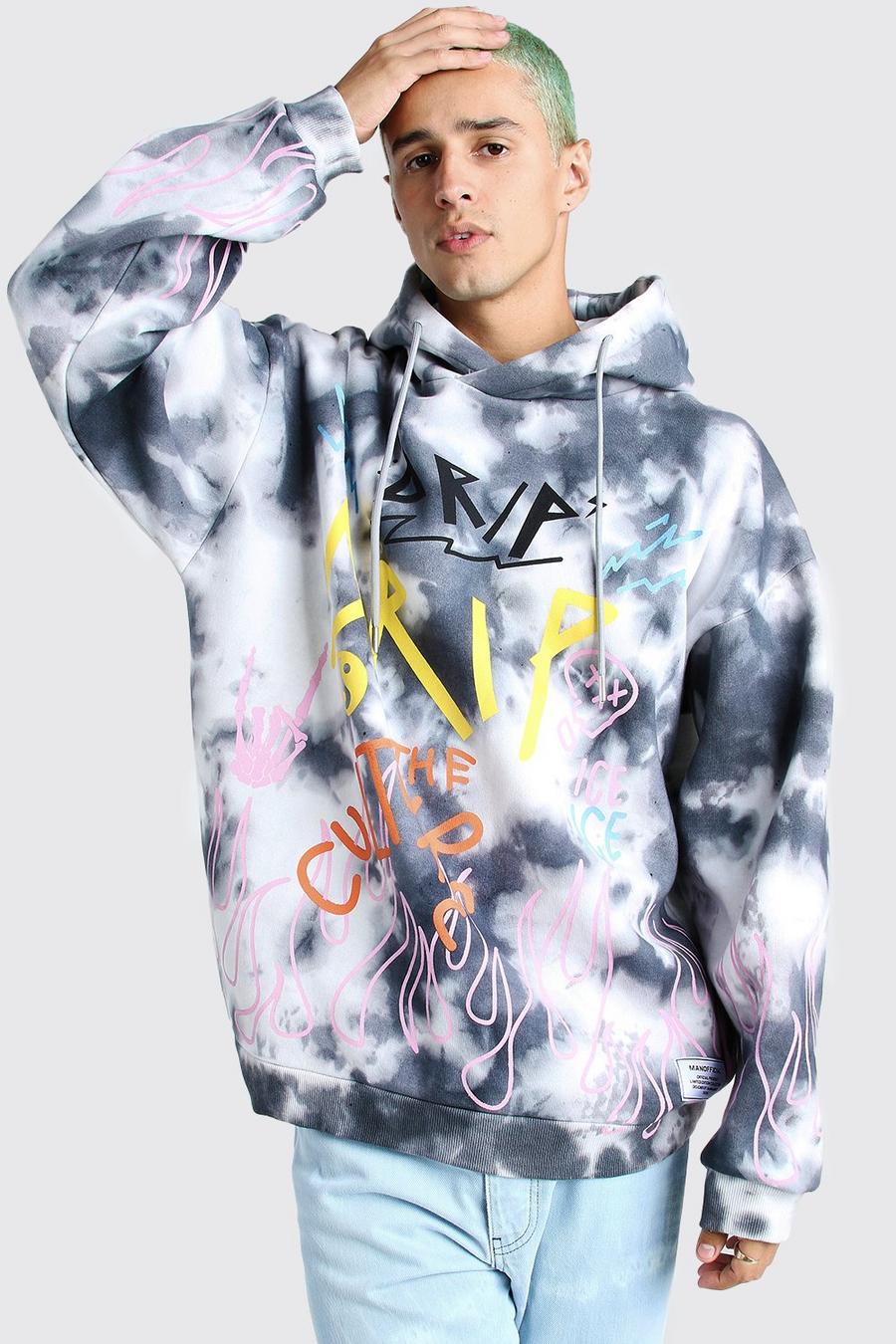 Grey Oversize batikmönstrad hoodie med graffititryck och eldsflammor image number 1