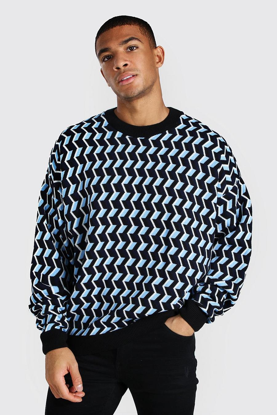 Blue Oversize stickad tröja med geometriskt mönster och rund hals image number 1
