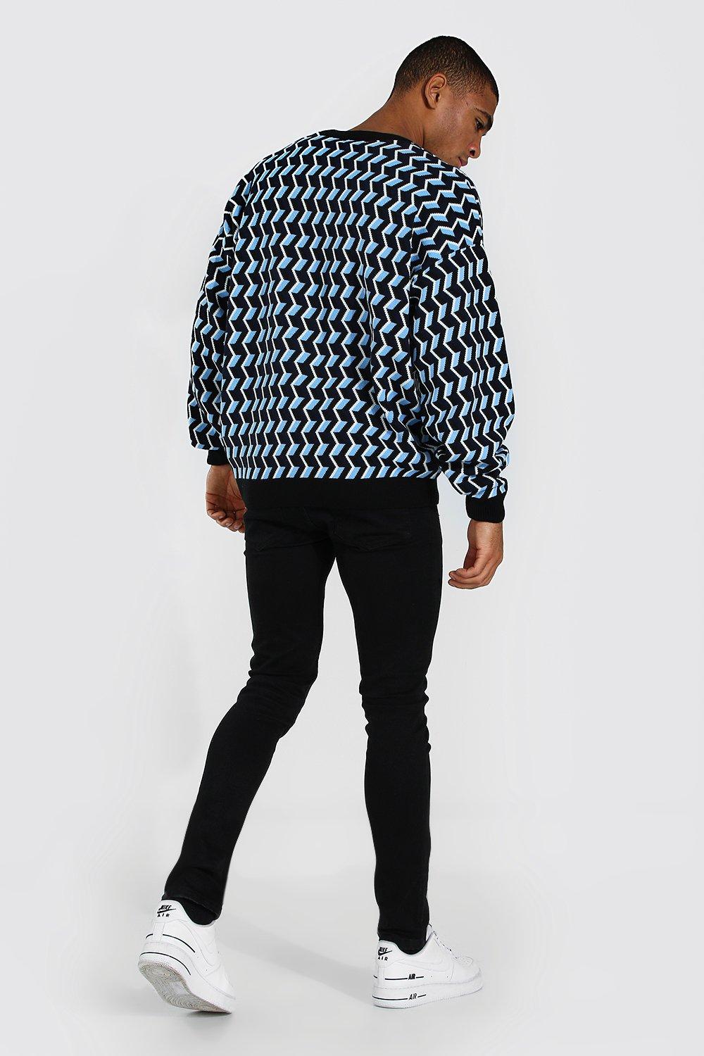 Geo Print Oversized Crew Neck Knitted Jumper boohoo NZ