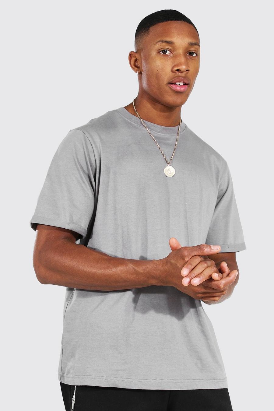 Ash grey Basic T-shirt med rund hals och uppvikt ärm image number 1