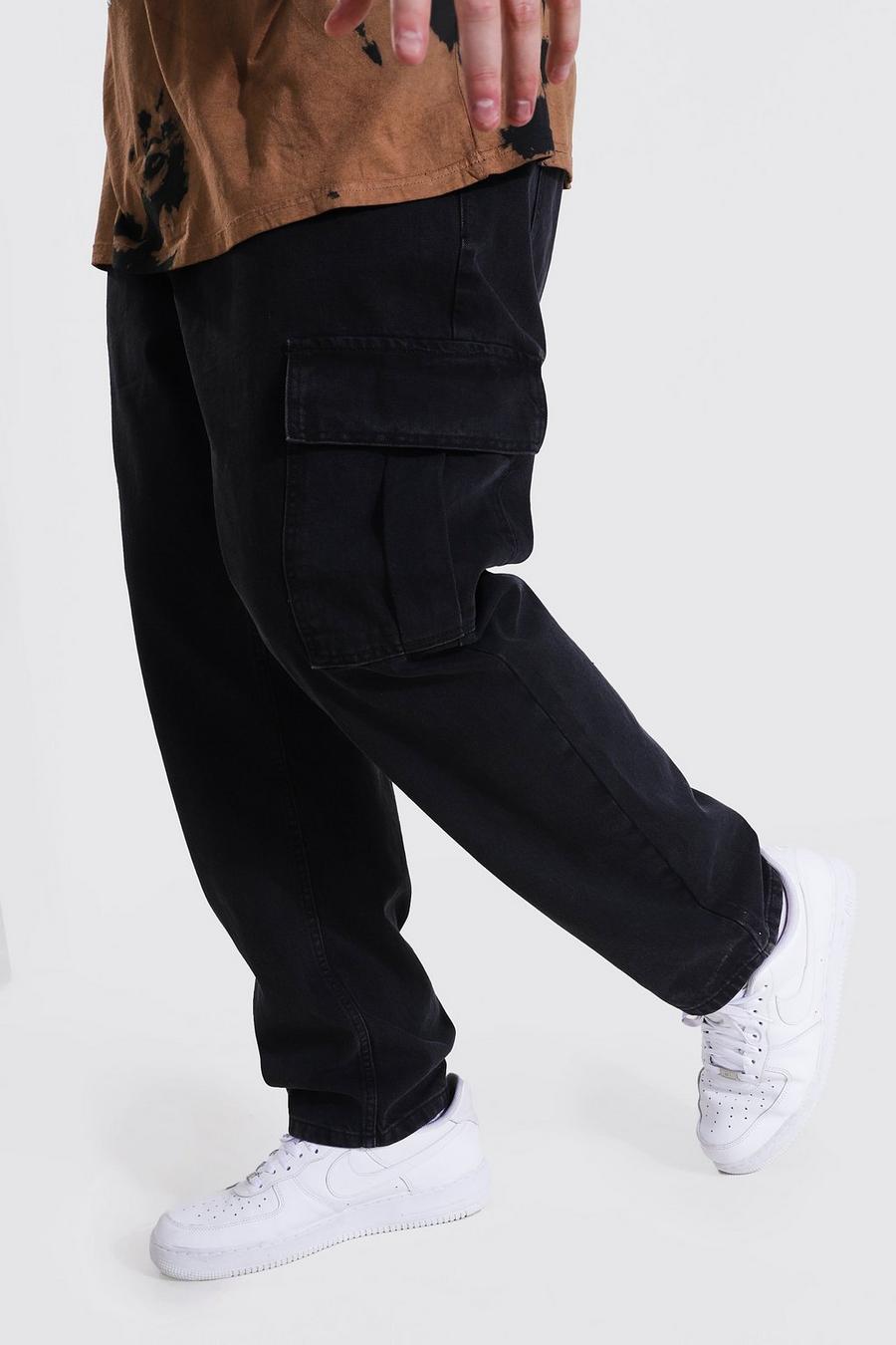 Plus Size Slim Fit Cargo-Jeans mit seitlichem Reißverschluss am Saum, Verwaschenes schwarz image number 1