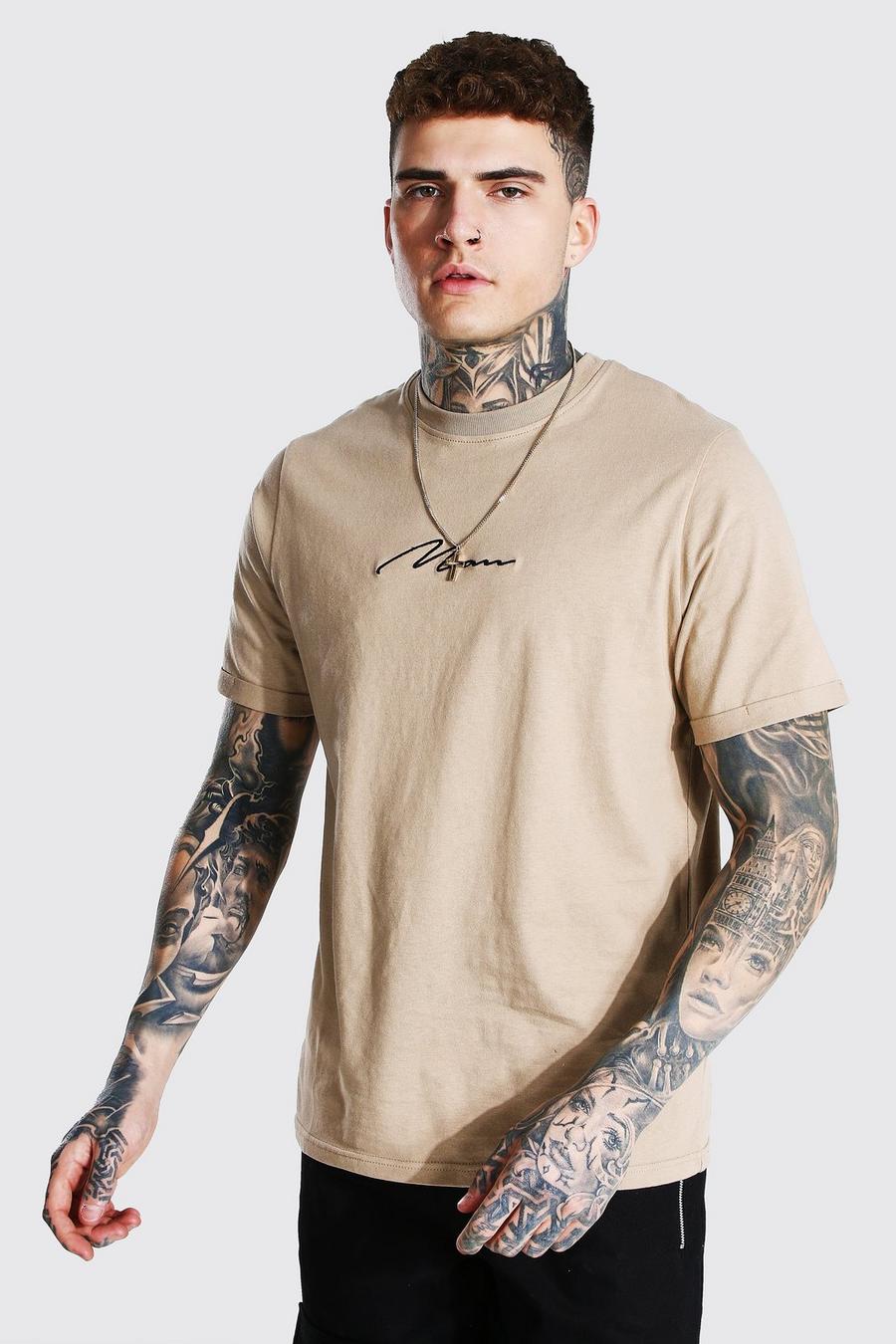 T-shirt con maniche arrotolate con scritta Man, Grigio talpa image number 1