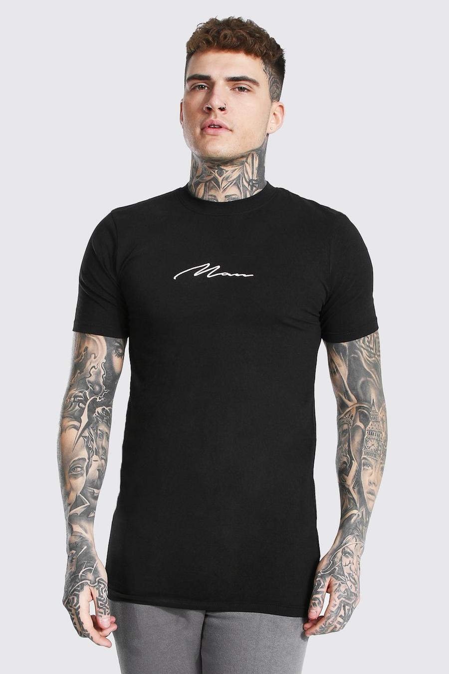 Longline Muscle Fit T-shirt mit Man-Schriftzug, Schwarz image number 1