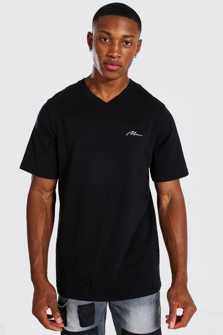 T-Shirt mit V-Ausschnitt und Man-Schriftzug, Schwarz image number 1