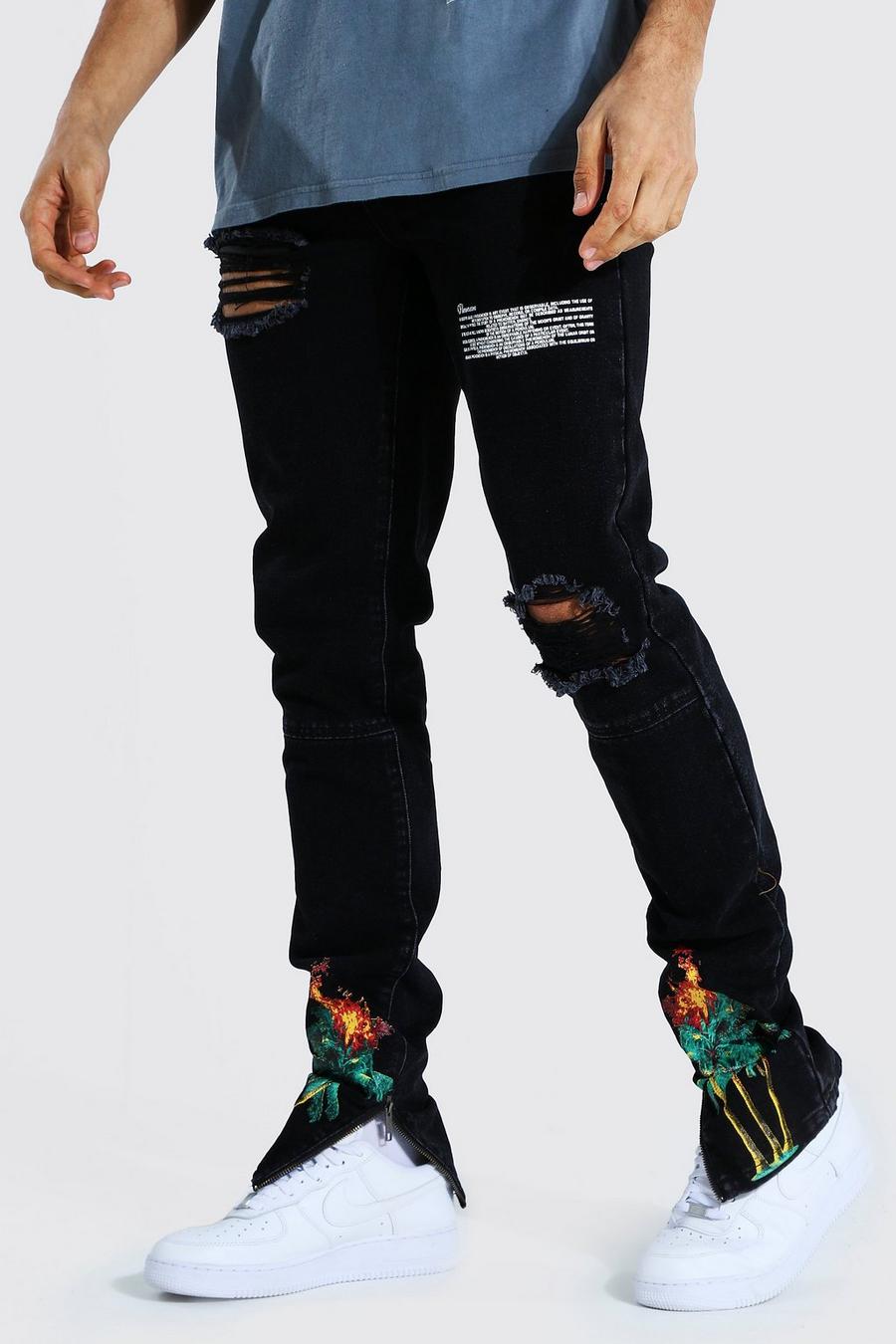 Black Tall Skinny Jeans With Palm Tree Print image number 1