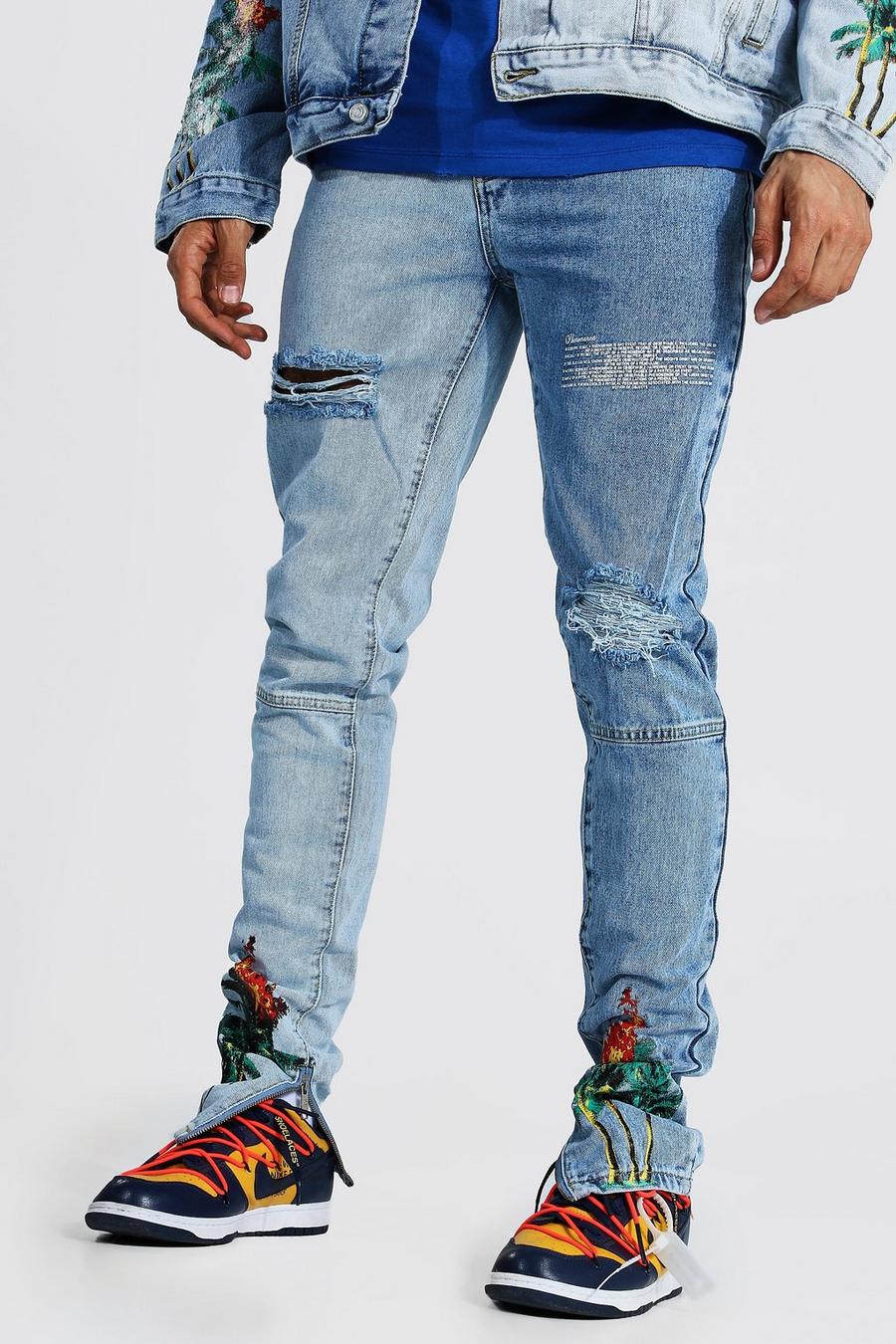 כחול קרח סקיני ג'ינס עם הדפס עצי דקל לגברים גבוהים image number 1