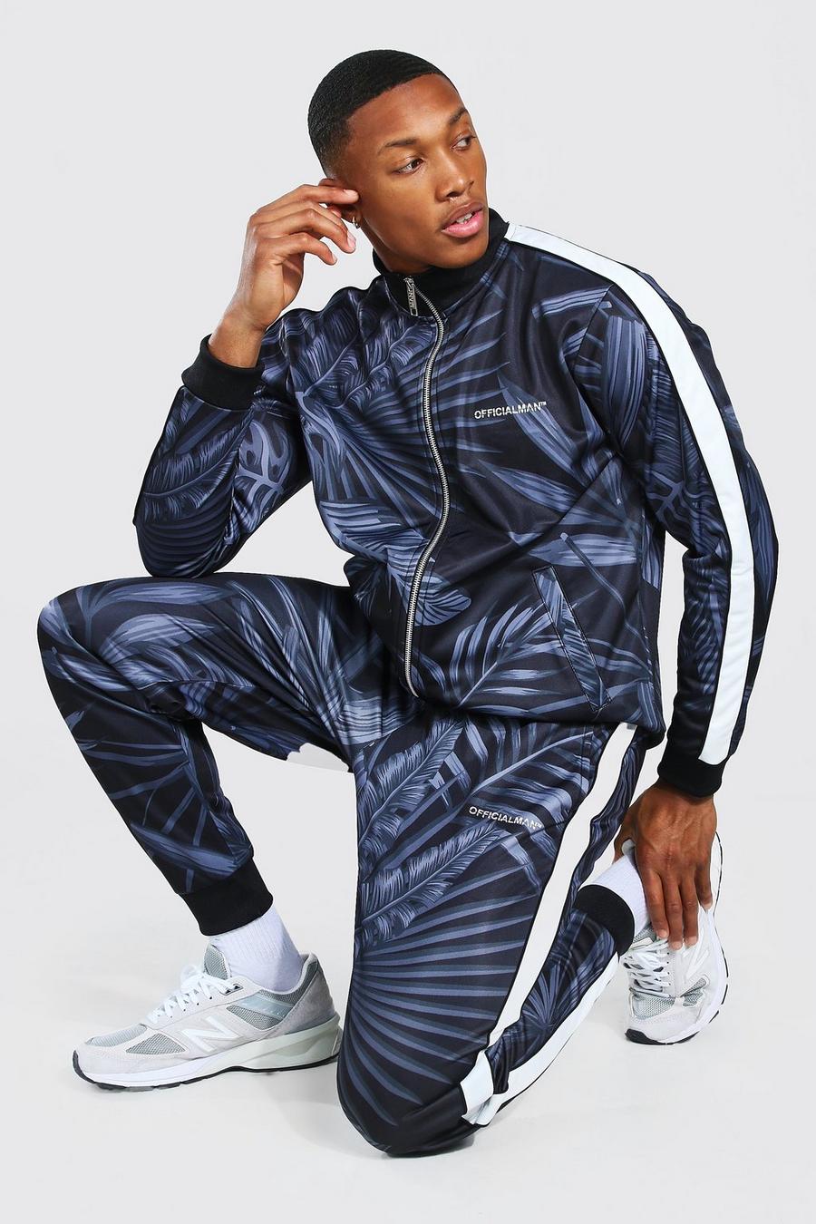 Black Official Man Palm Print Tricot Tracksuit image number 1