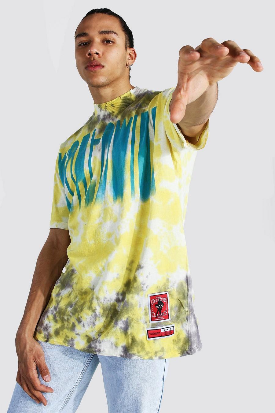 T-shirt oversize Tall effetto tie-dye con scritta Worldwide , Giallo image number 1