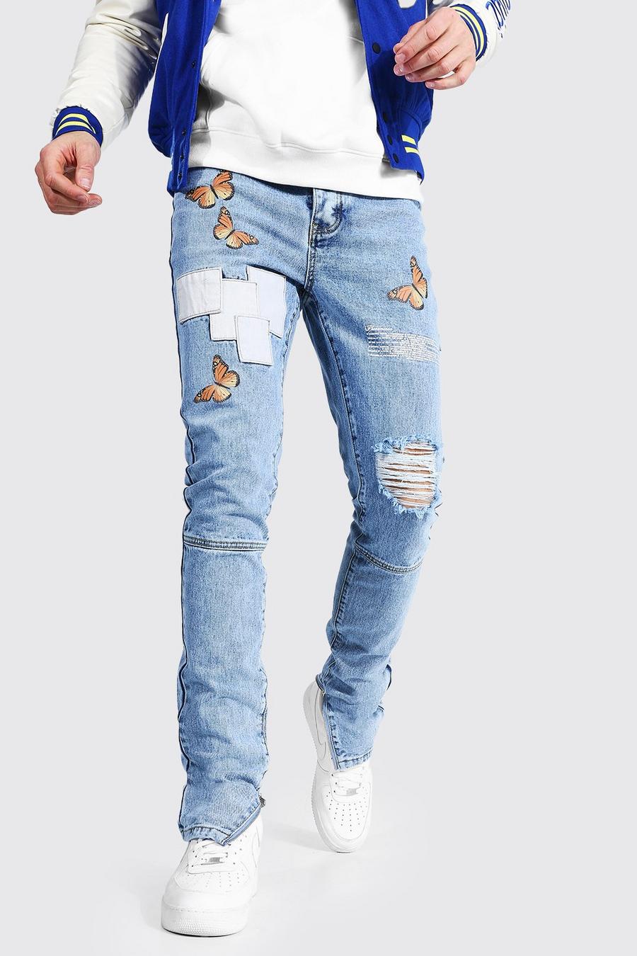 Tall Skinny Fit Jeans mit Schmetterling-Motiv und Knierissen, Eisblau image number 1