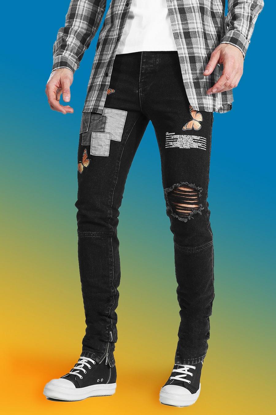  Tall Skinny Fit Jeans mit Schmetterling-Motiv und Knierissen, Schwarz image number 1