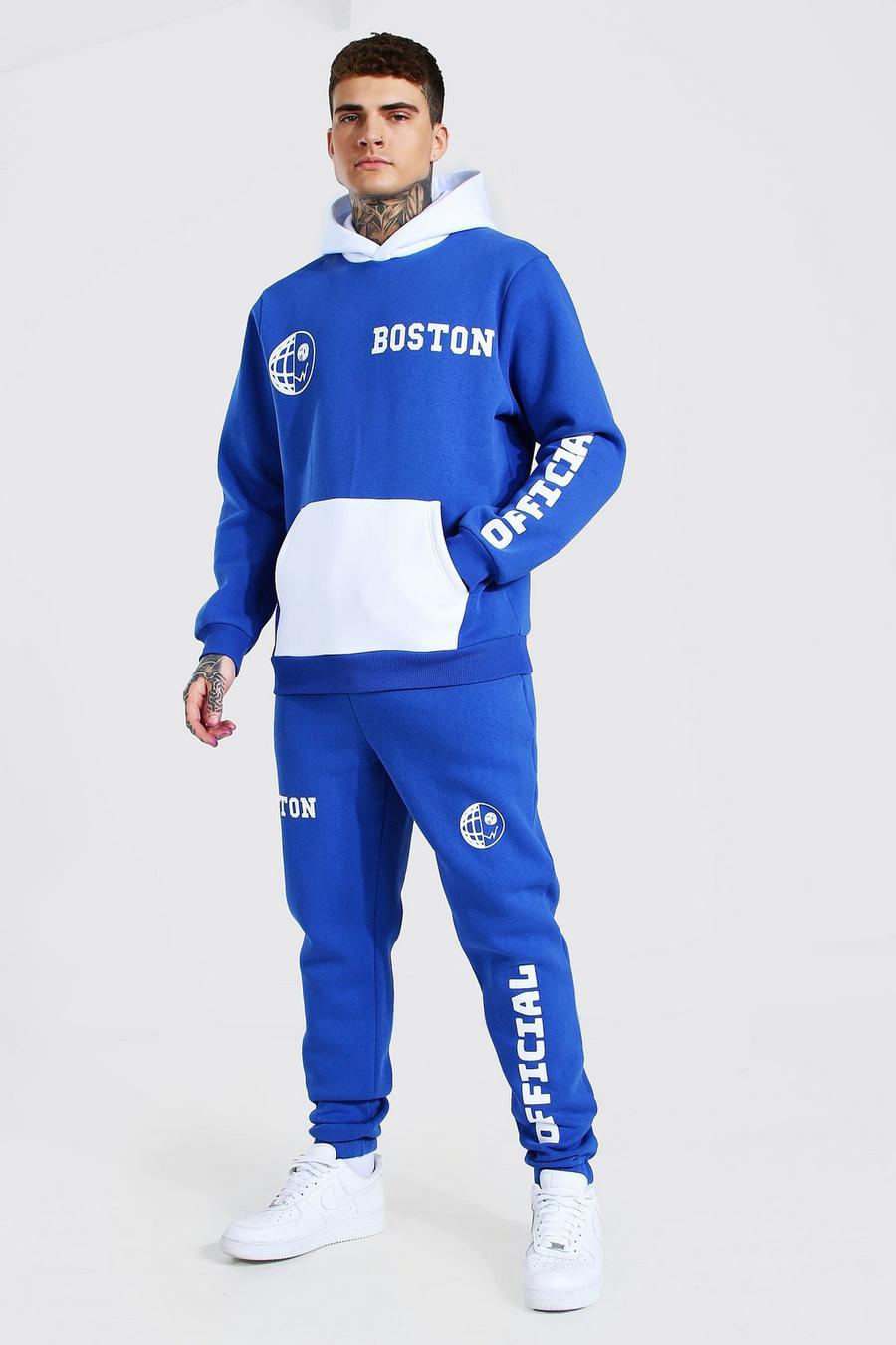 Tuta sportiva con cappuccio a blocchi di colore con stampa Official, Blu cobalto image number 1