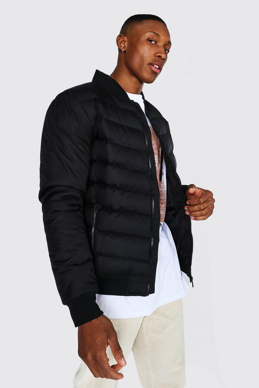 Black Quilted Bomber With Nylon Sleeves image number 1