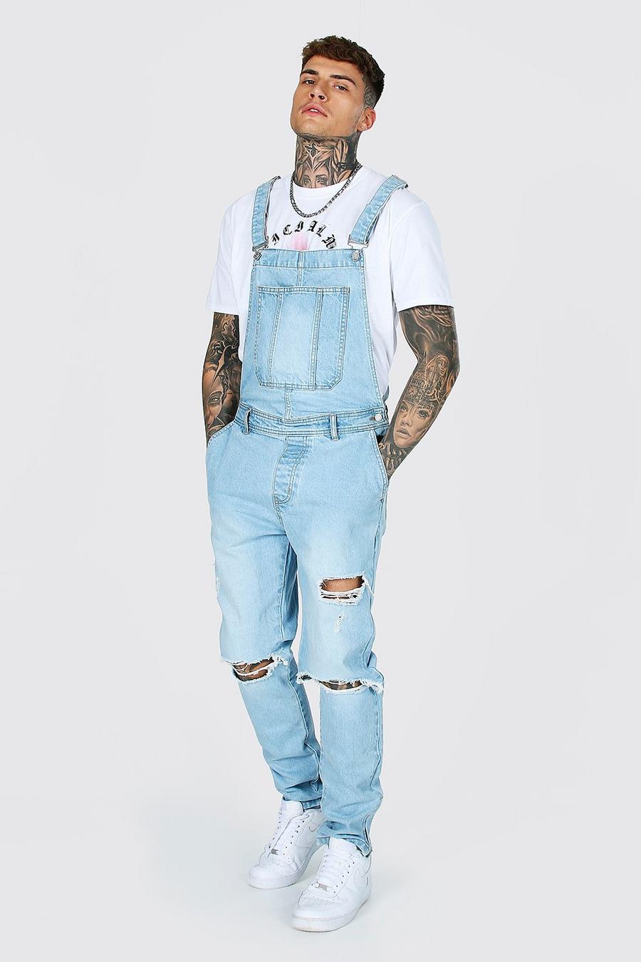 Ice blue Tapered Stacked Knee Rip Long Dungaree image number 1
