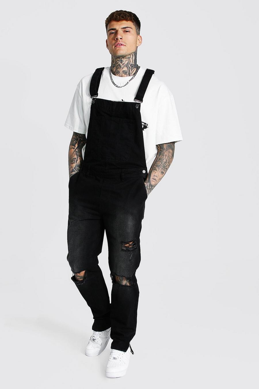 Washed black Tapered Stacked Knee Rip Long Dungarees image number 1