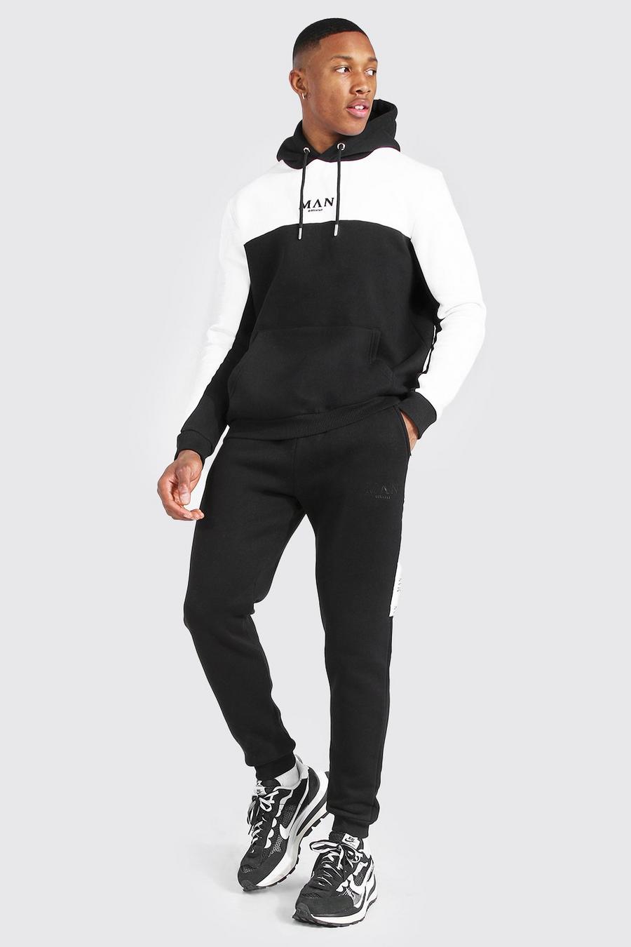 Black Man Colour Block Hooded Tracksuit With Tape image number 1