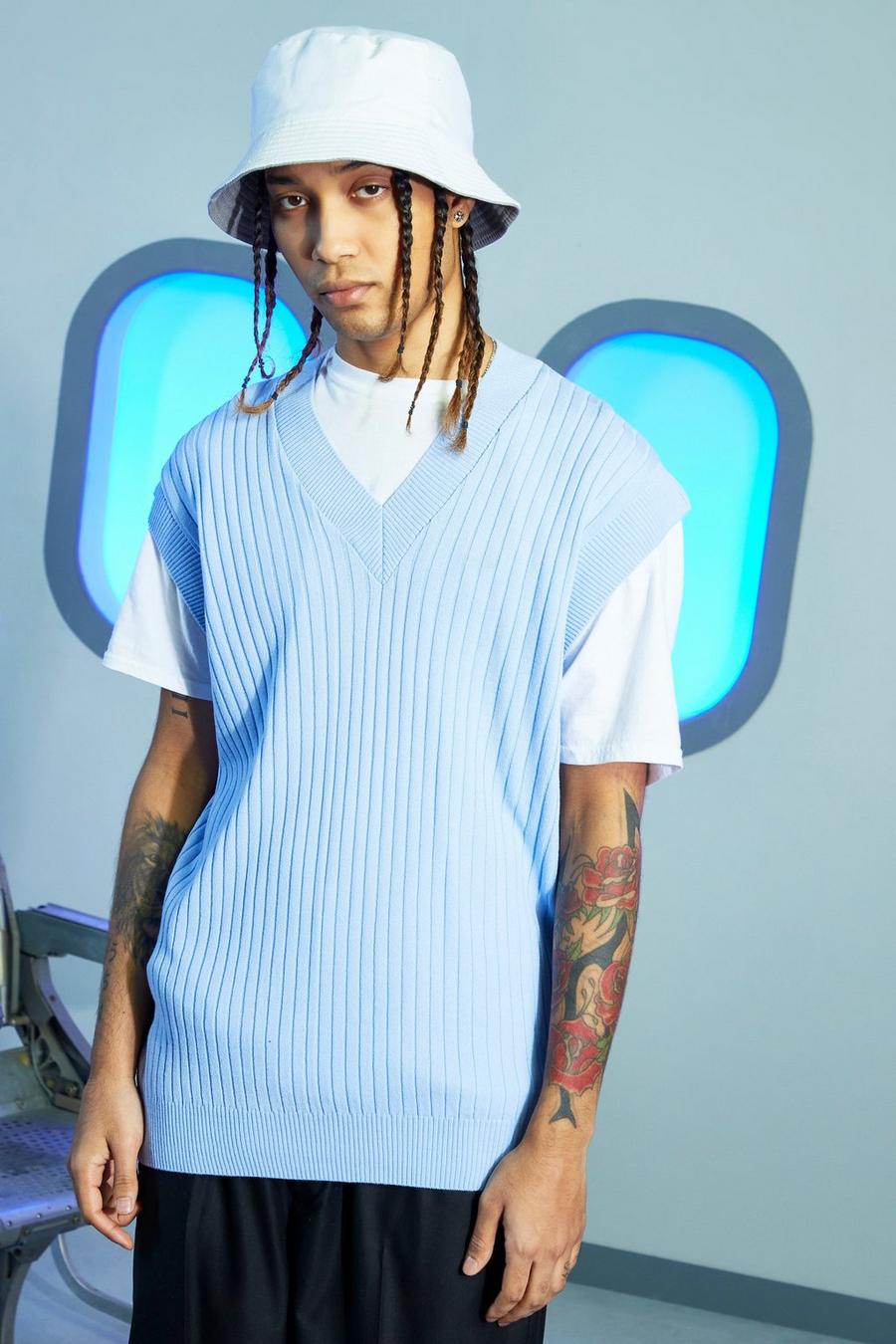 Camiseta sin mangas ancha de punto con cuello de pico, Azul image number 1