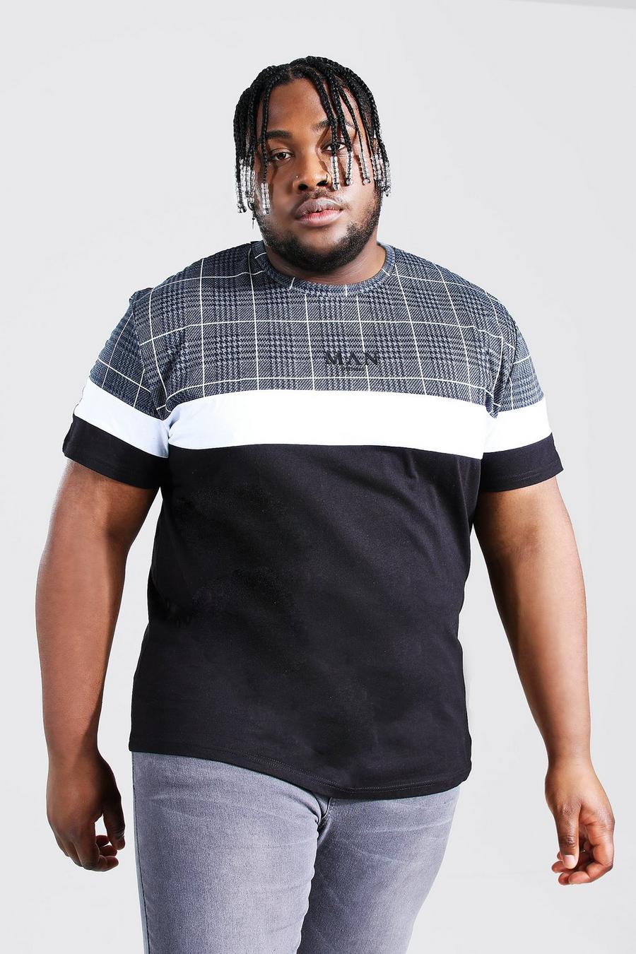 Zwart Plus Size Man T-Shirt Met Tekst En Jacquard Paneel image number 1