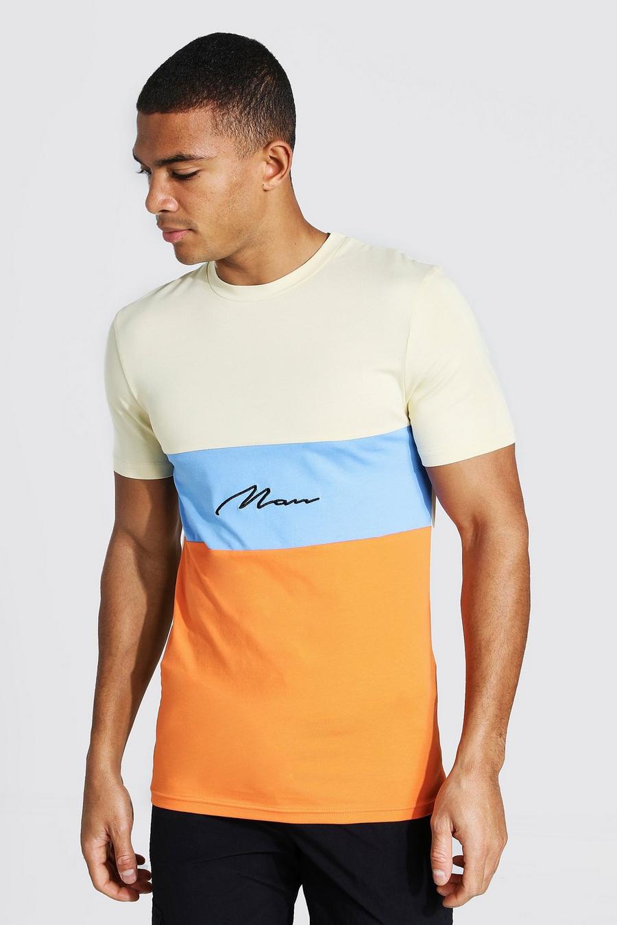 Man Signature T-shirt i muscle fit med blockfärger image number 1