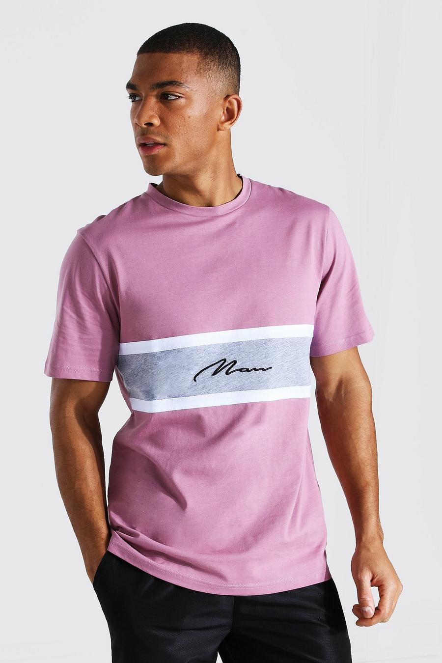 T-Shirt im Colorblock-Design mit Man-Schriftzug, Hellviolett image number 1