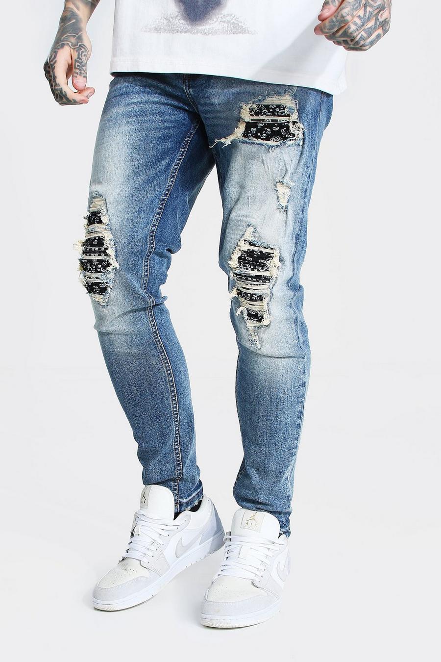 כחול עתיק סקיני ג'ינס אופנוענים עם קרעים וטלאים בהדפס בנדנה image number 1