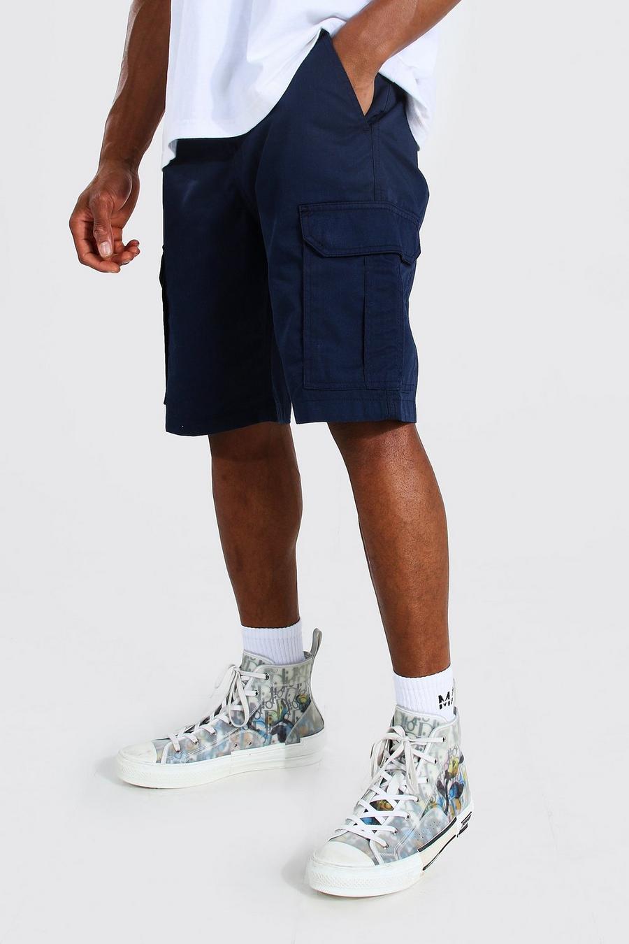Pantalones cortos estilo militar con cintura fija, Azul marino image number 1