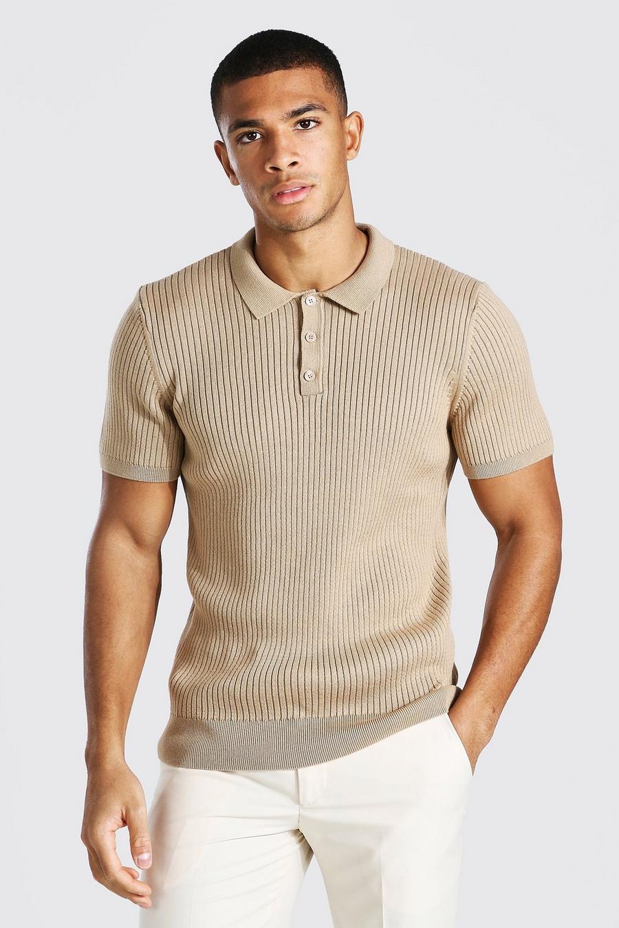 Camel Short Sleeve Slim Fit Ribbed Knit Polo image number 1
