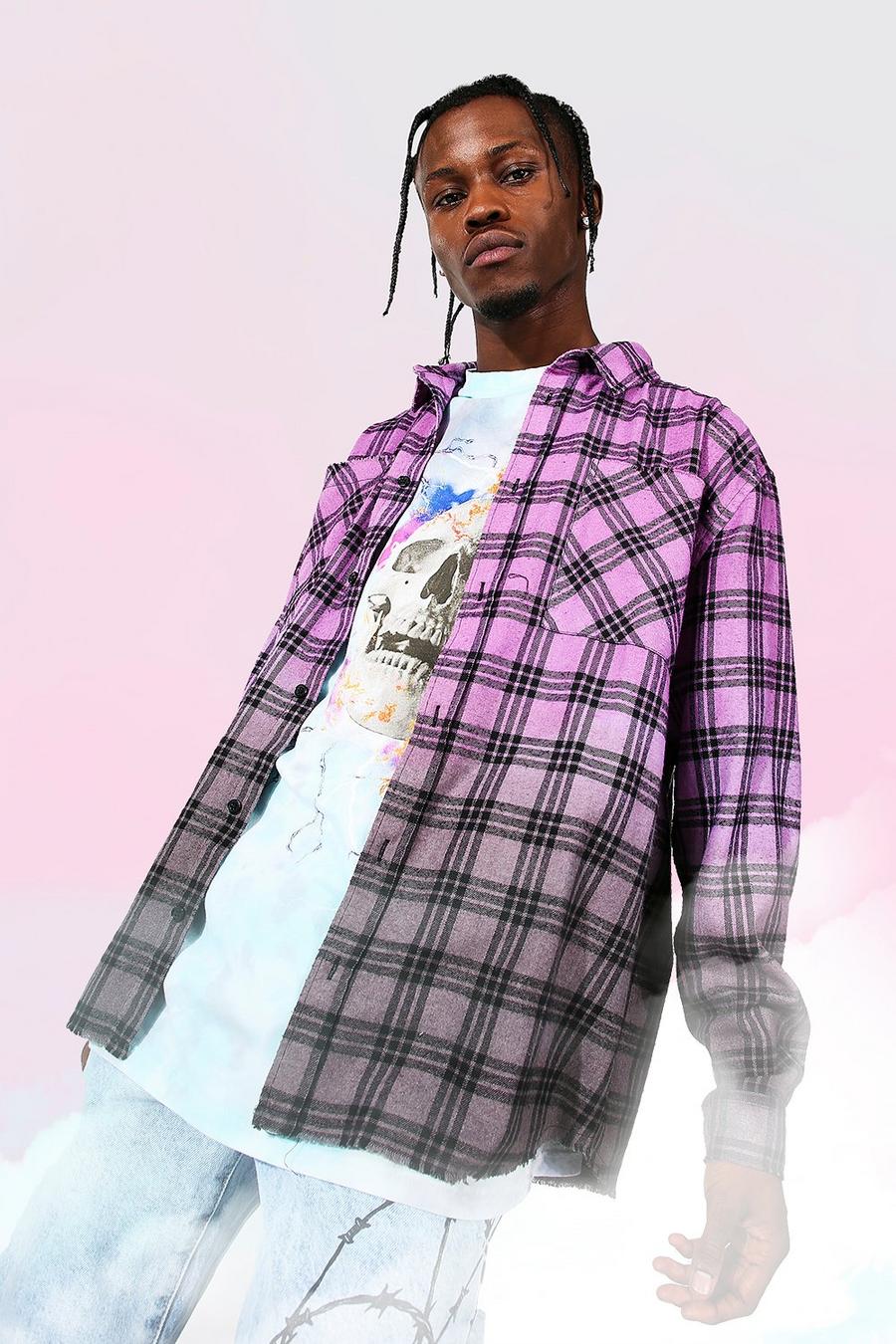 Fuchsia Oversized Ombre Varsity Print Flannel Shirt image number 1