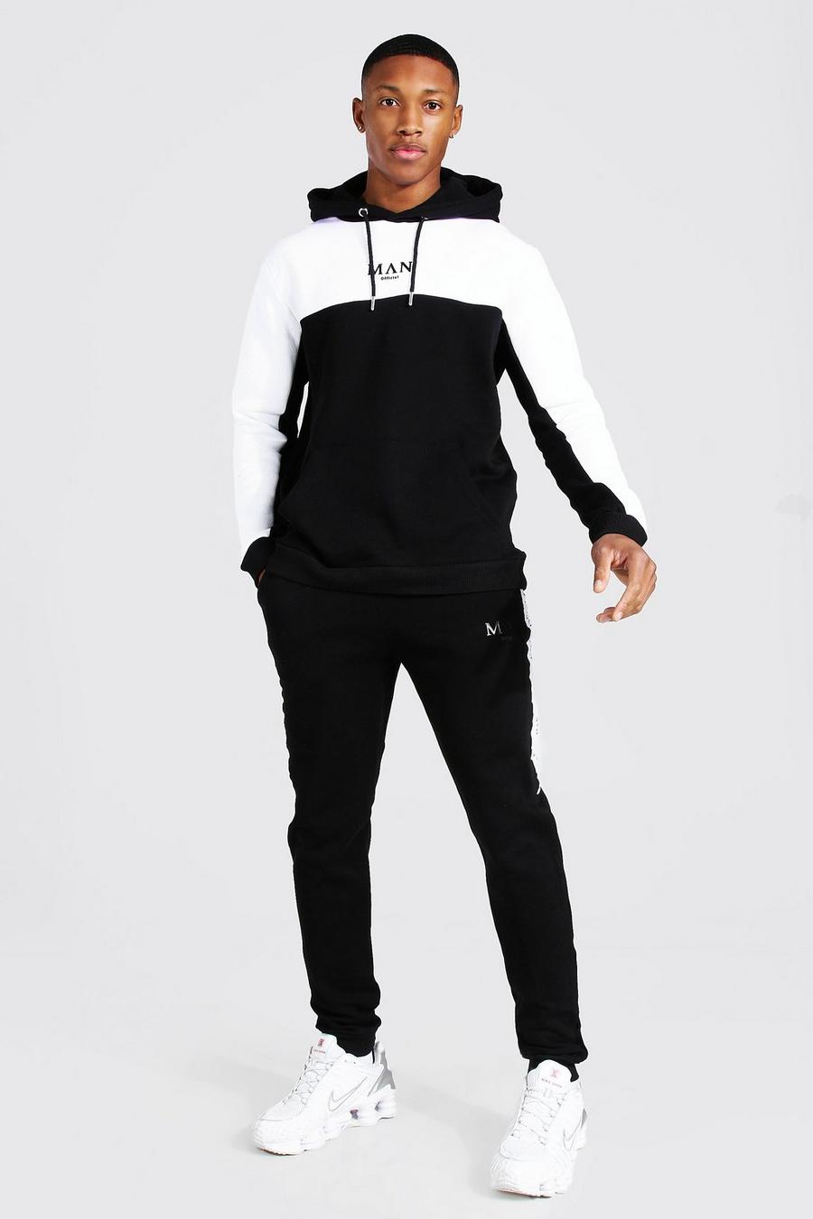 Black Man Colour Block Hooded Tracksuit With Tape image number 1