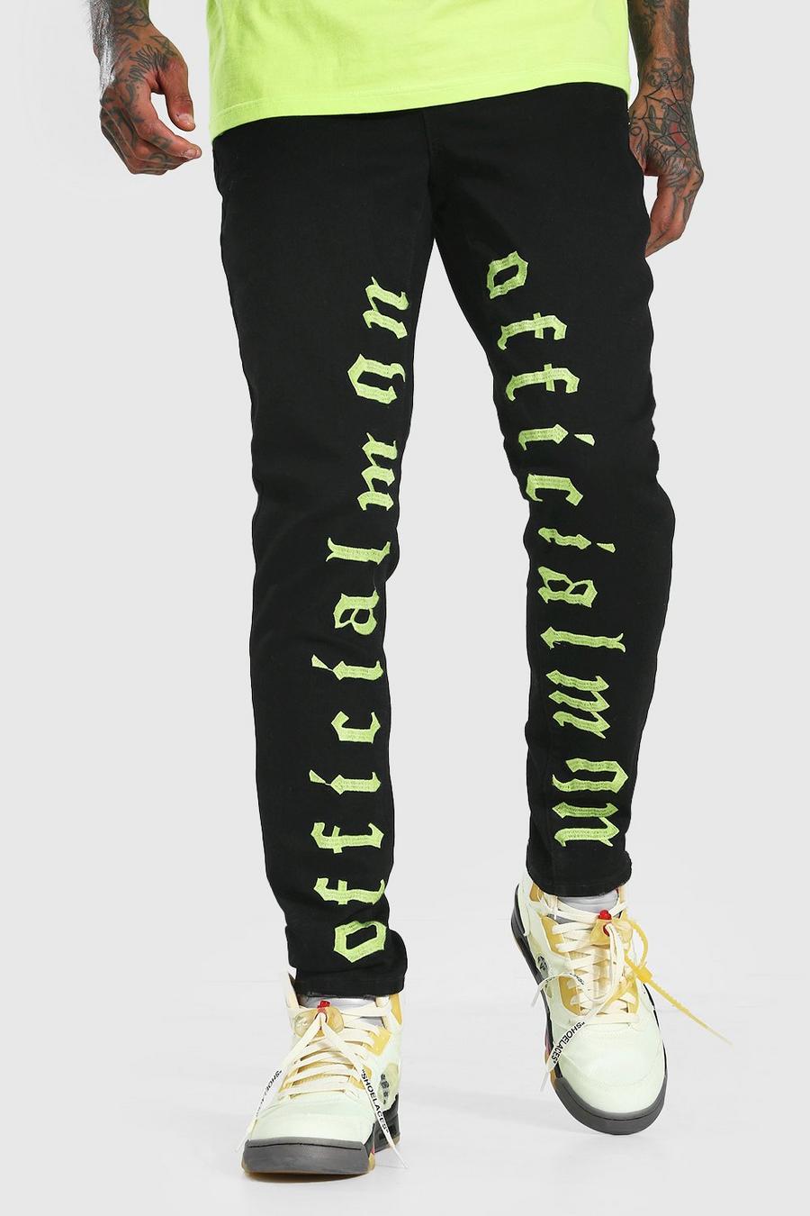 Skinny Jeans mit Stretch-Anteil und Stickerei an der Innenseite, Echtes schwarz image number 1