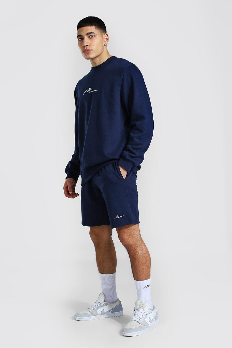 Short-Trainingsanzug mit Pullover und MAN-Schriftzug, Marineblau image number 1