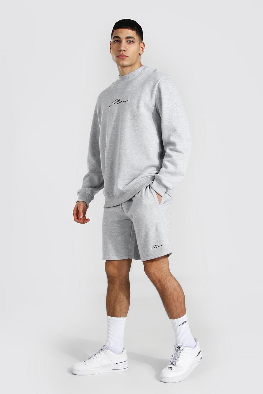 Short-Trainingsanzug mit Pullover und MAN-Schriftzug, Grau meliert image number 1