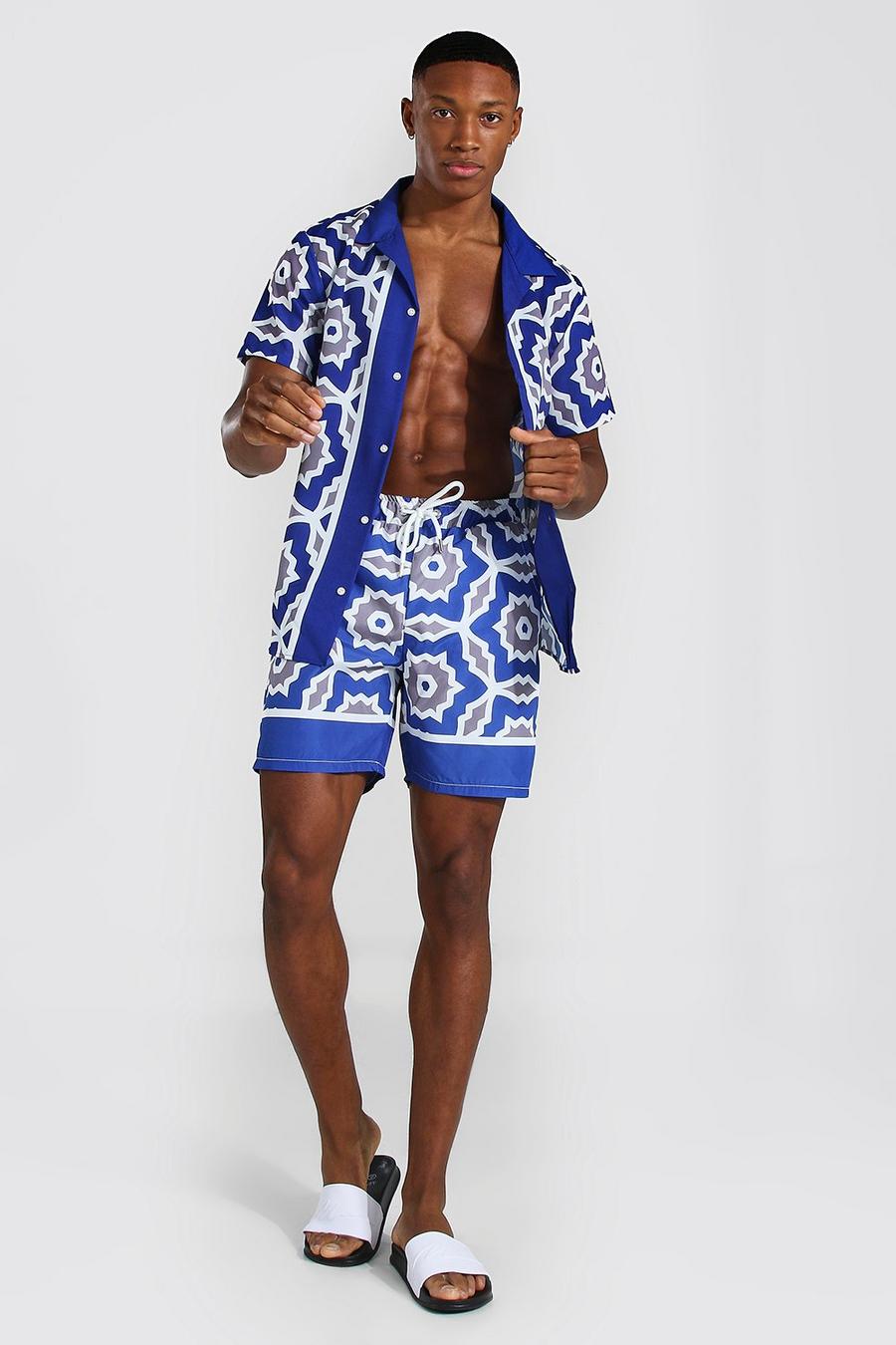 Men's Short Sleeve Revere Border Shirt And Swim Set | boohoo