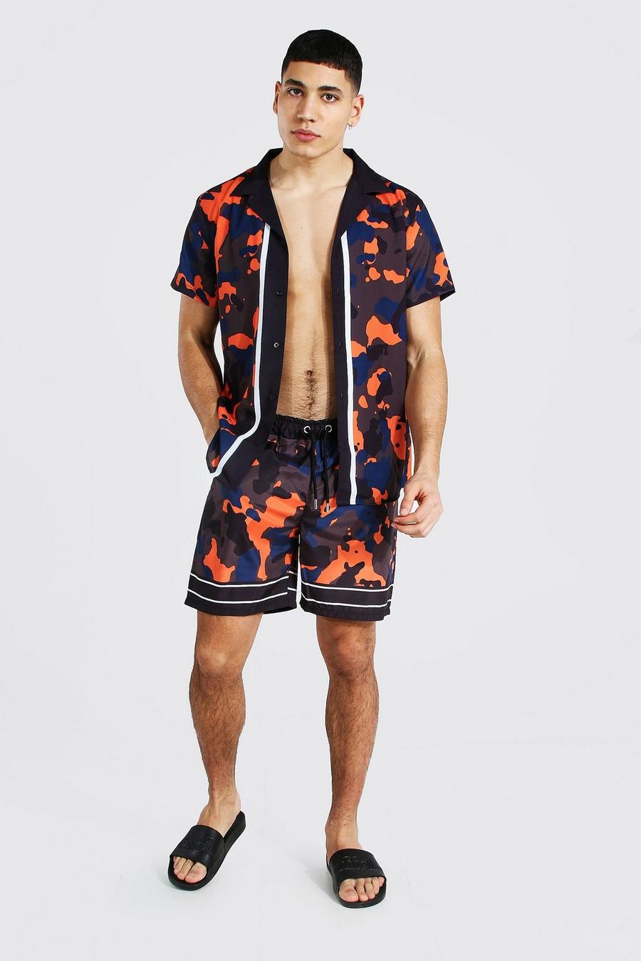 Orange Short Sleeve Revere Camo Shirt And Swim Set image number 1