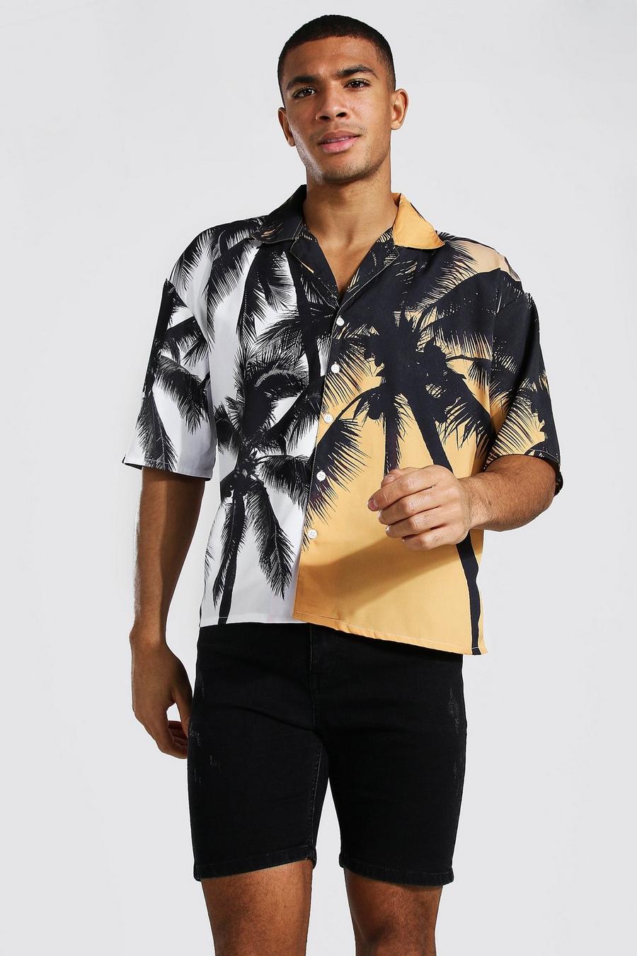 Camisa de poliéster y corte cuadrado de poliéster con manga corta y estampado de palmeras, Naranja image number 1