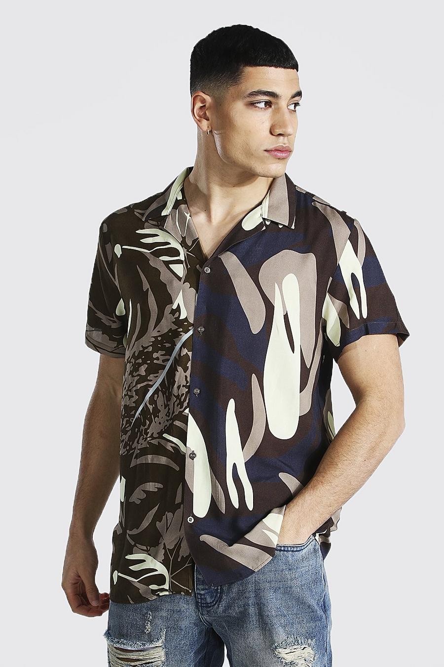 Kurzärmliges Shirt aus Viskose mit Reverskragen und Blumenmuster, Khaki image number 1