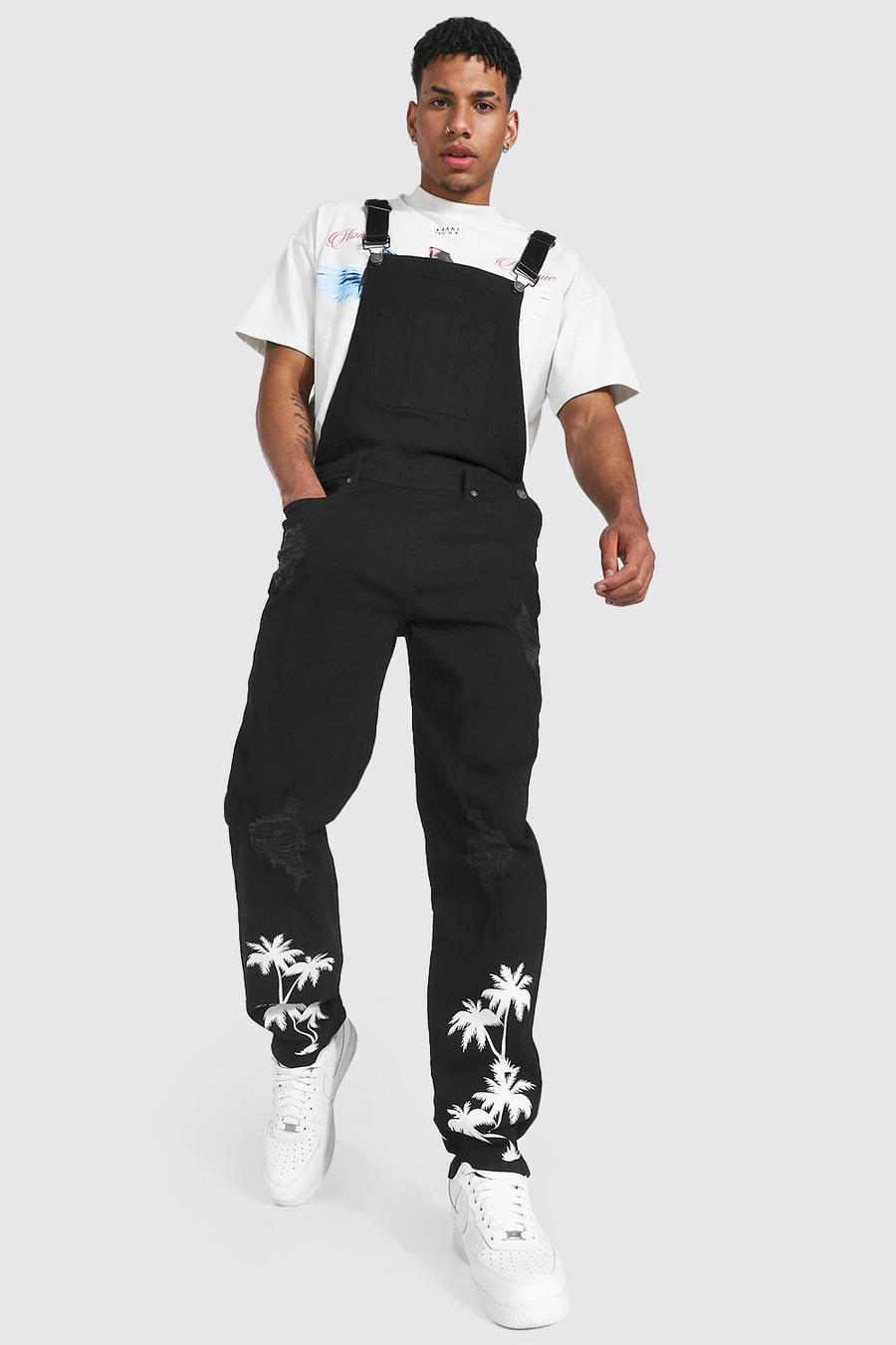 True black Relaxed Fit Palm Print Dungaree image number 1