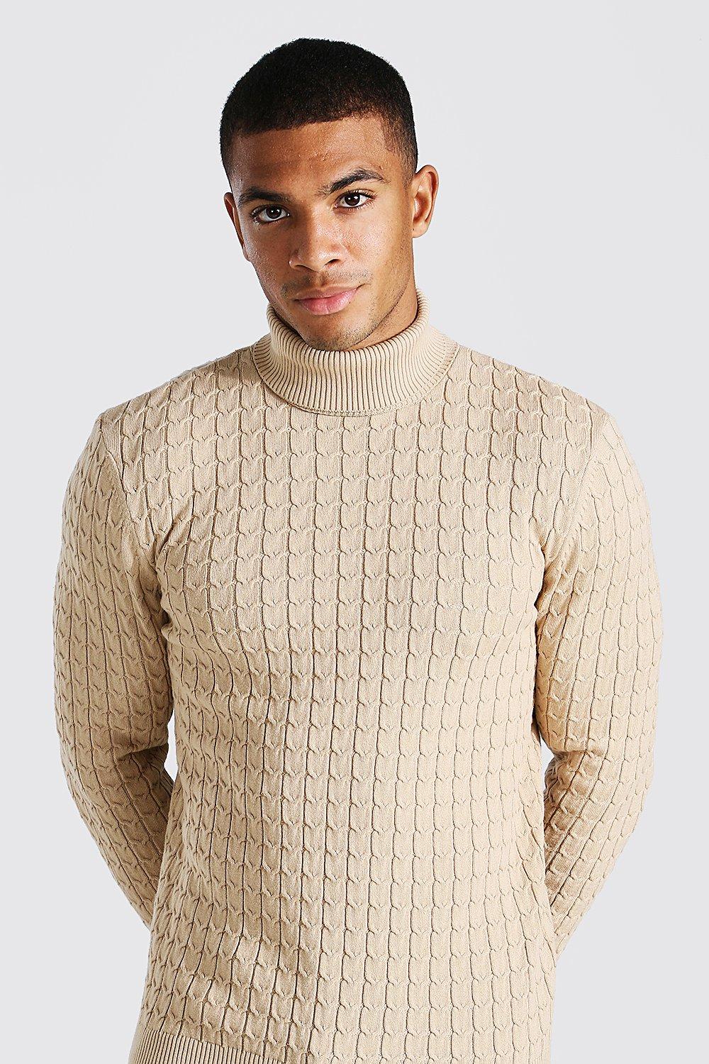 Mens cable knit deals roll neck jumper