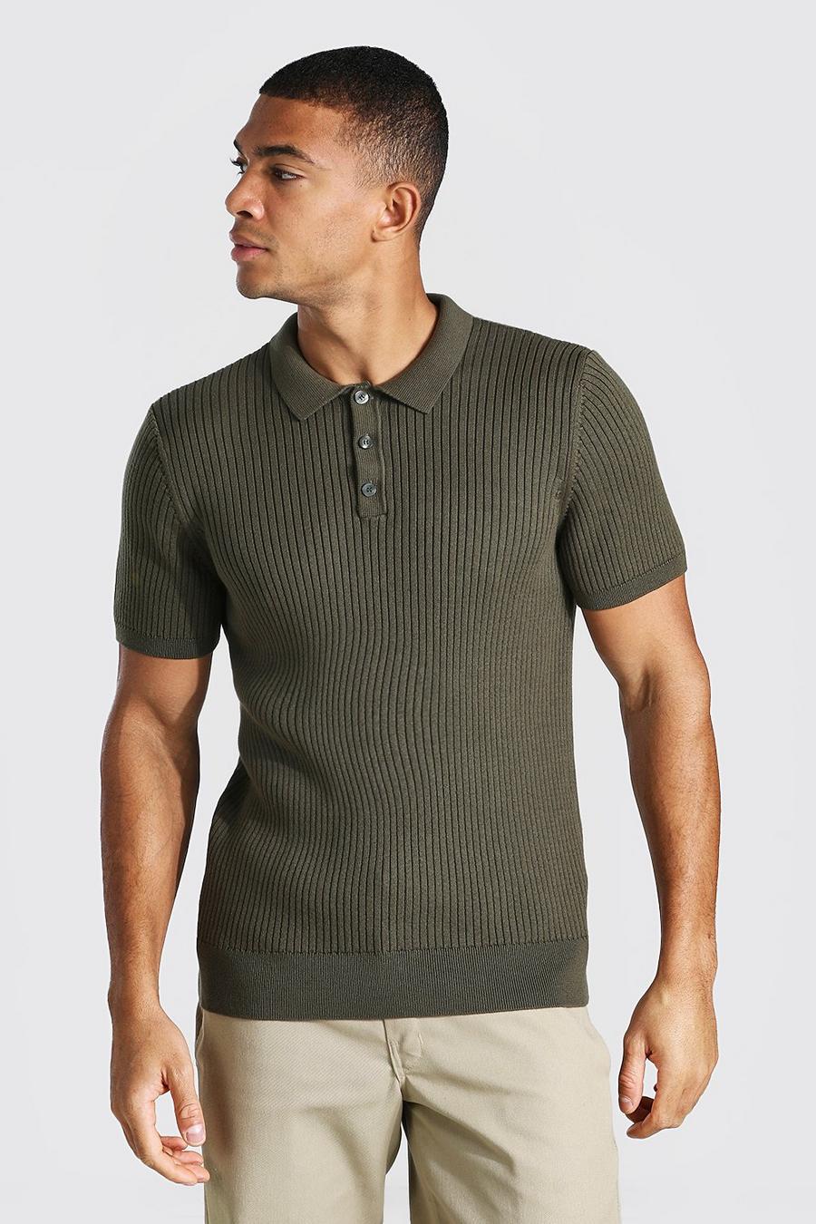 Kurzärmliges Slim Fit Poloshirt aus Rippstrick, Khaki image number 1