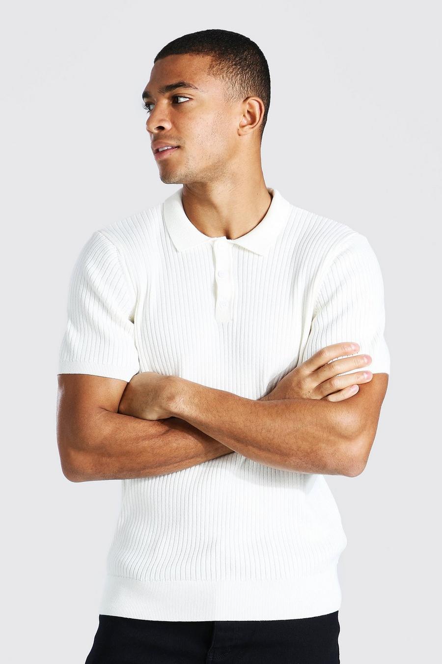 Cream Short Sleeve Slim Fit Ribbed Knit Polo image number 1