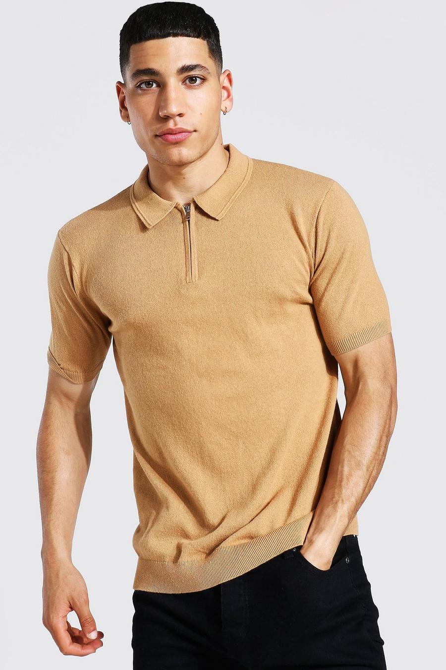 Camel Short Sleeve Half Zip Knitted Polo image number 1