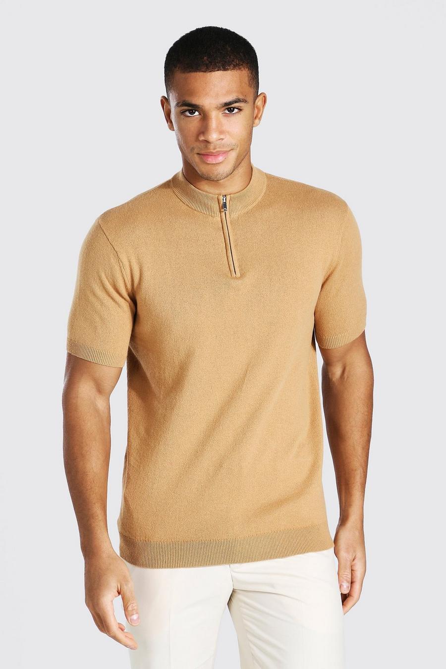 Camel beige Short Sleeve Half Zip Turtle Neck Sweater image number 1