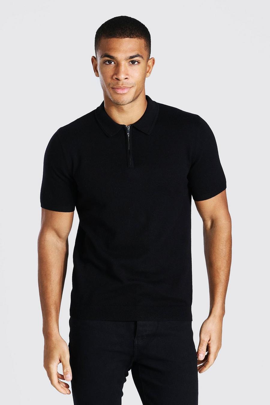 שחור חולצת פולו סרוגה עם רוכסן חלקי ושרוולים קצרים image number 1