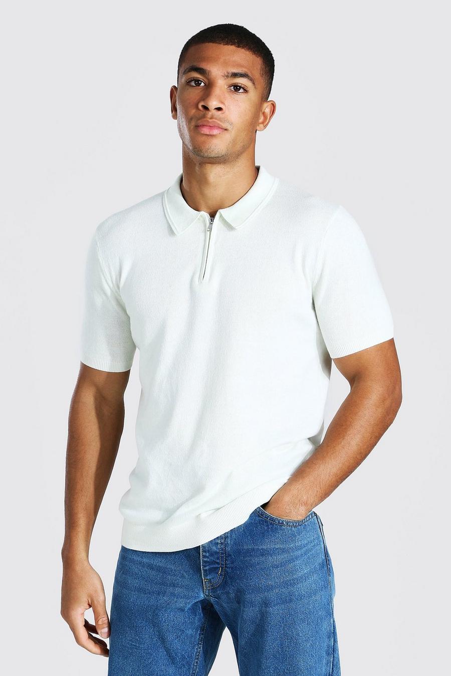Ecru Short Sleeve Half Zip Knitted Polo image number 1