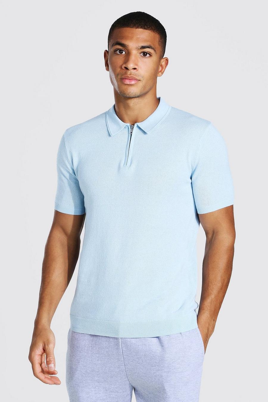כחול חולצת פולו סרוגה עם רוכסן חלקי ושרוולים קצרים image number 1
