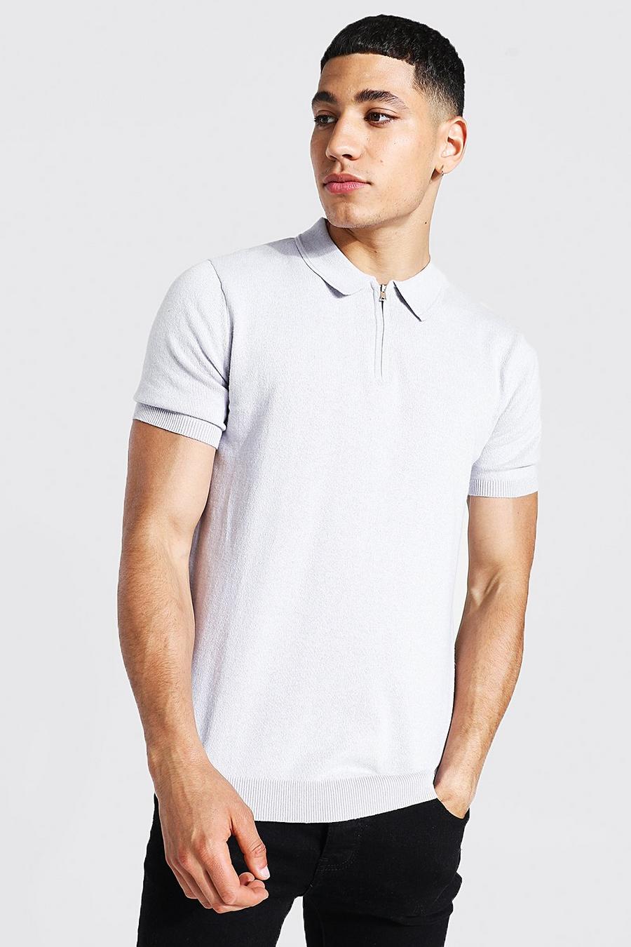 Grey Short Sleeve Half Zip Knitted Polo image number 1
