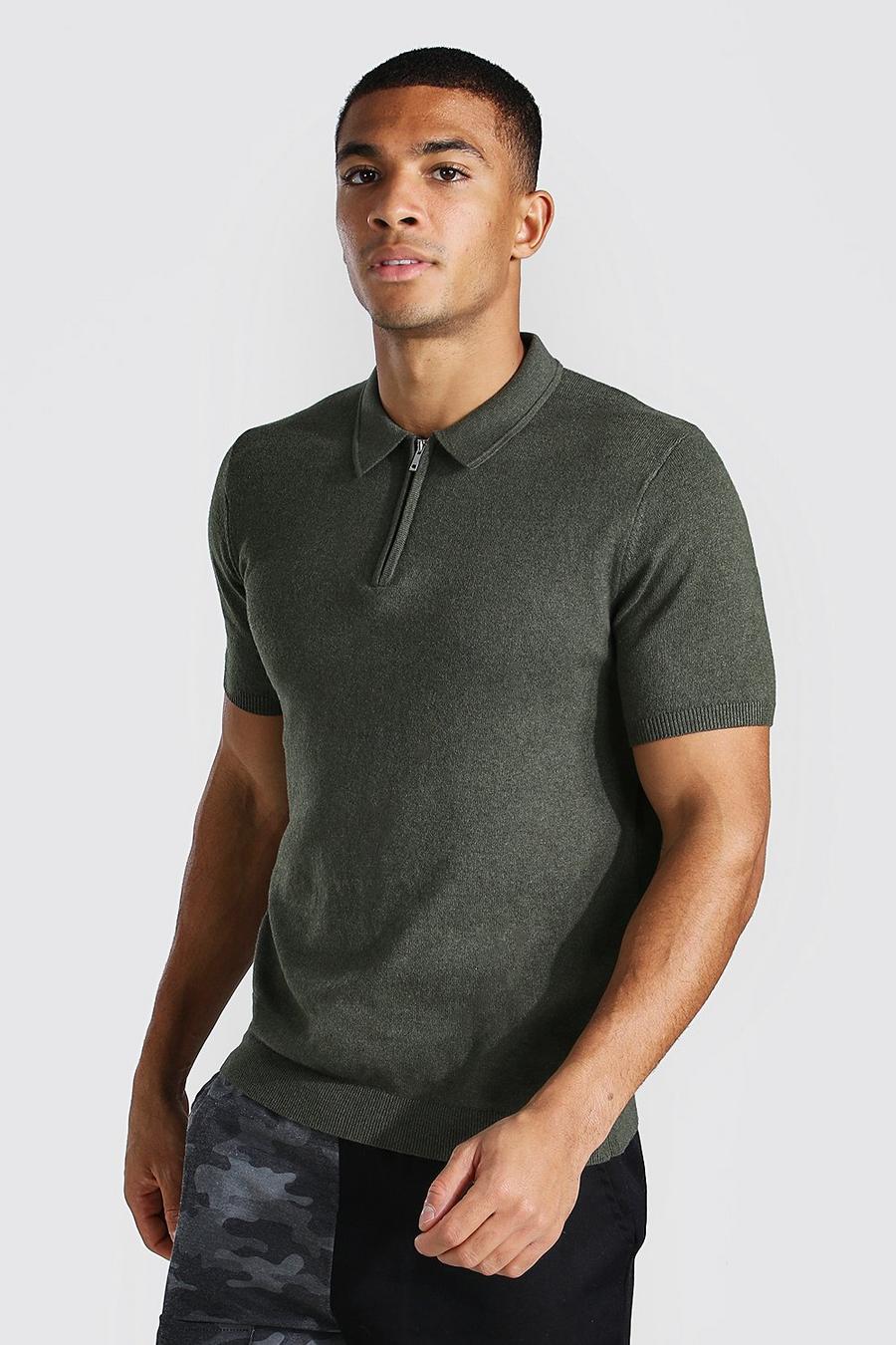 Khaki Short Sleeve Half Zip Knitted Polo image number 1