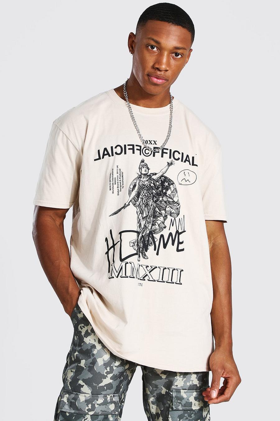 Camiseta ancha con estampado de “Homme” y dibujo Official, Arena image number 1